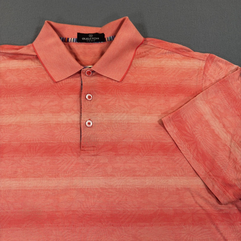 Bugatchi Uomo Mens Polo Shirt Orange Coral Striped Mercerized Cotton XL